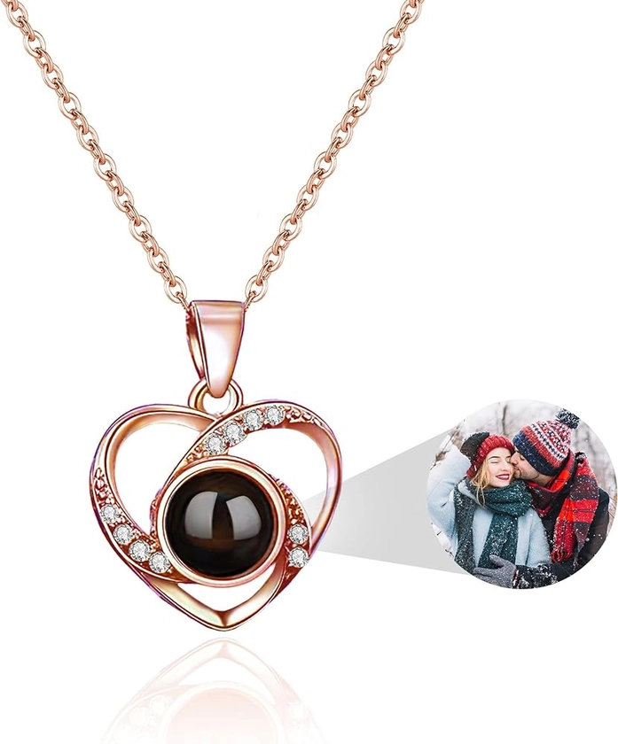 Photo Necklace Personalised Projection Necklace with Picture Inside - Custom Heart Jewelry -925 Sterling Silver Love Memorial Pendant Gifts for Women Girlfriend Mom Daughter Birthday Anniversary