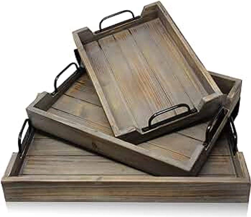 3 Pie­ce Decorative Nested Vintage Wood Serving Tray Set for Coffee Table or Ottoman – Rustic Wooden Breakfast Trays for Kitchen, Dining Room, or Living Room – Farmhouse Platter w/Handles - Barnwood