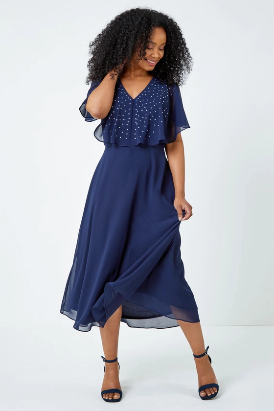 Navy Petite Embellished Midi Cape Dress | Roman UK