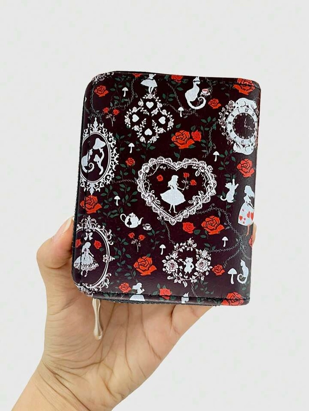 ROMWE Goth Billetera corta para niñas con diseño de rosa en forma de corazón, creativo monedero con varios compartimentos para tarjetas