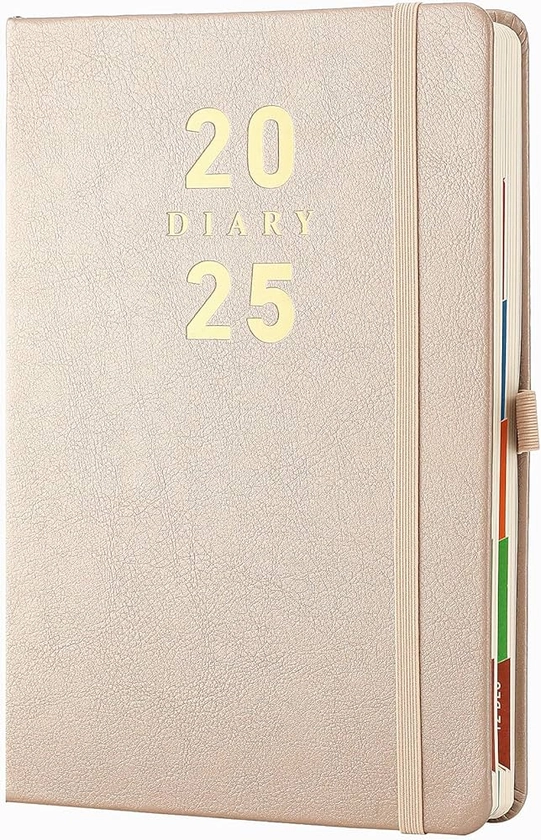 Mcdsuc 2025 Diary A5 Page a Day,Daily Planner Diary 2025 Appointment from Jan to Dec 2025,Organiser Hardcover Monthly Diary with Color Tabs,Pen Holder,Inner pocket,400 Ivory Thick Pages,Gold