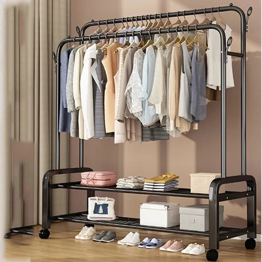 Clothes/Coat Rack on Wheels Double Poles Freestanding Hanger Heavy Dut