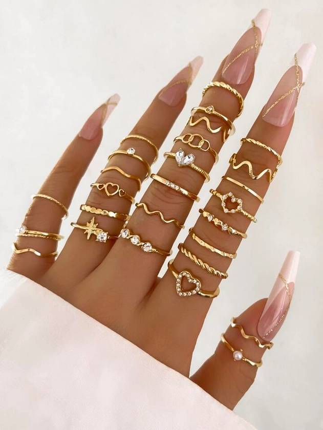 28pcs/set Fashionable Ring Set With Heart Shaped Design, Geometric Style And Bohemian Element Accent