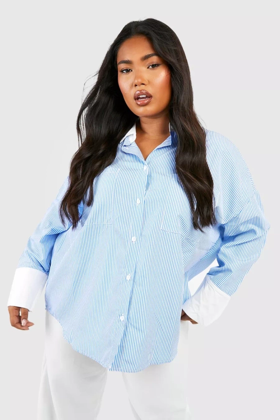 Blue Plus Contrast Collar Stripe Oversized Shirt