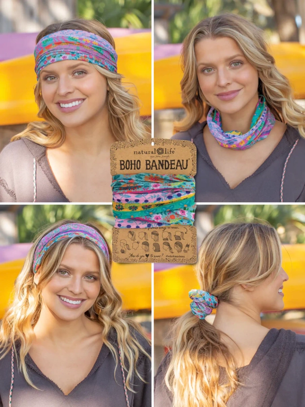 Full Boho Bandeau® Headband - Blue Pink Border