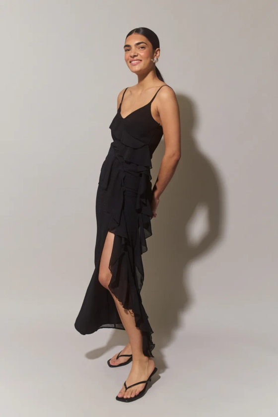 Frill chiffon maxi dress - Black - Women - Gina Tricot