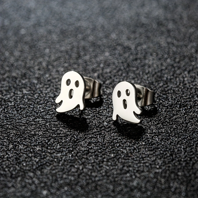 1pair/4pairs Gothic Stainless Steel Ghost Stud Earrings For Men, Halloween Jewelry Gift