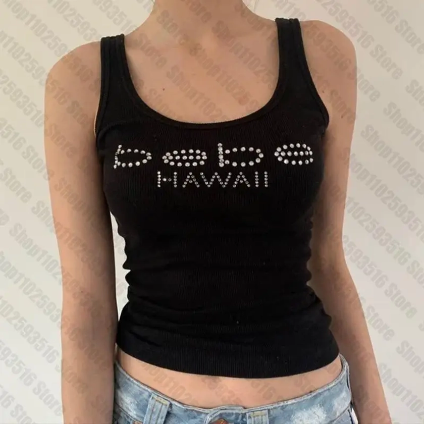 Harajuku Letter Rhinestones bebe graphics Tanks Women Ribbed Crop Top Skinny Sexy Streetwear Party Club Y2K Clothes Aesthetic