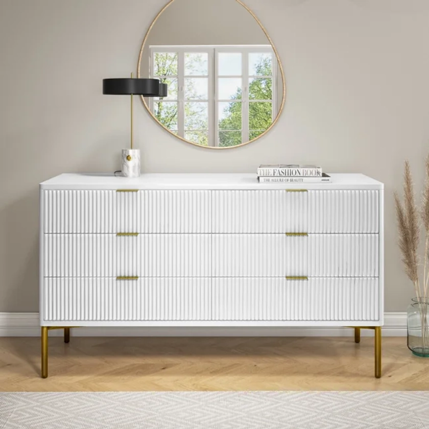 Wide White High Gloss Chest of 6 Drawers with Legs - Valencia - Furniture123