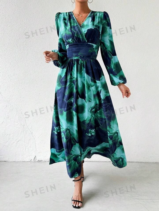SHEIN VCAY Wrap V-neckline Wide Waist Lantern Sleeve Maxi Dress With Slit Hem