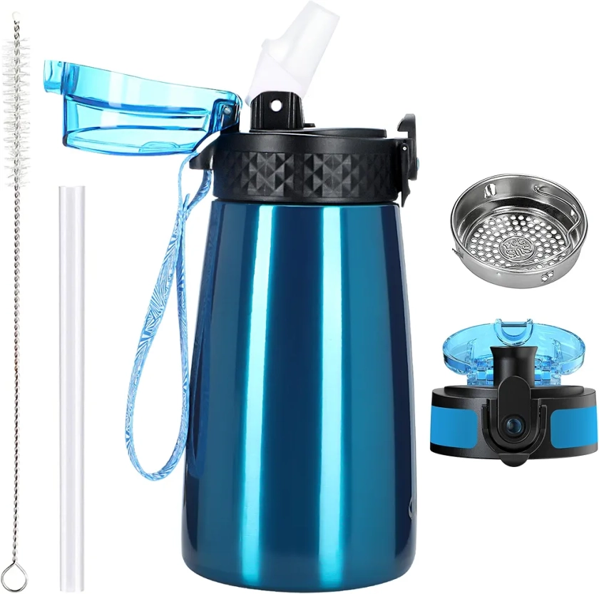 OLDLEY 350ml/12oz Bouteille d'eau en Acier Inoxydable pour Enfants avec Paille avec 2 Couvercles Différents Métal Isotherme Petite Fiole pour l'école Garçons Filles Boissons Chaudes Froides Sans BPA