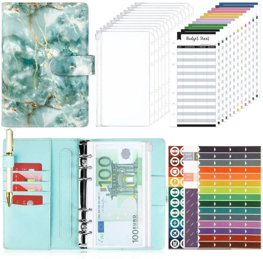 TAOPE Classeur Budget avec Enveloppe Budget, Classeur A6 Budget Planner Sets en PU Cuir, Carnet Budget 6 Anneaux Remplissable avec Pochettes de depense, Organisateur Enveloppe Budget Marbre Bleu Vert : Amazon.fr: Fournitures de bureau