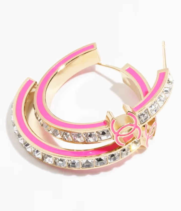 Hoop-øreringe - Metal & rhinsten, guld, pink & krystal — Mode | CHANEL