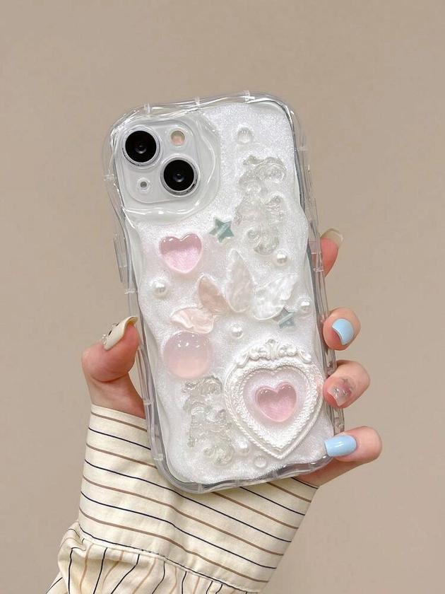 Junk Case Apple Phone Case Featuring Curved Edges, Cream Paint, Pink Heart & Butterfly Design, Shockproof