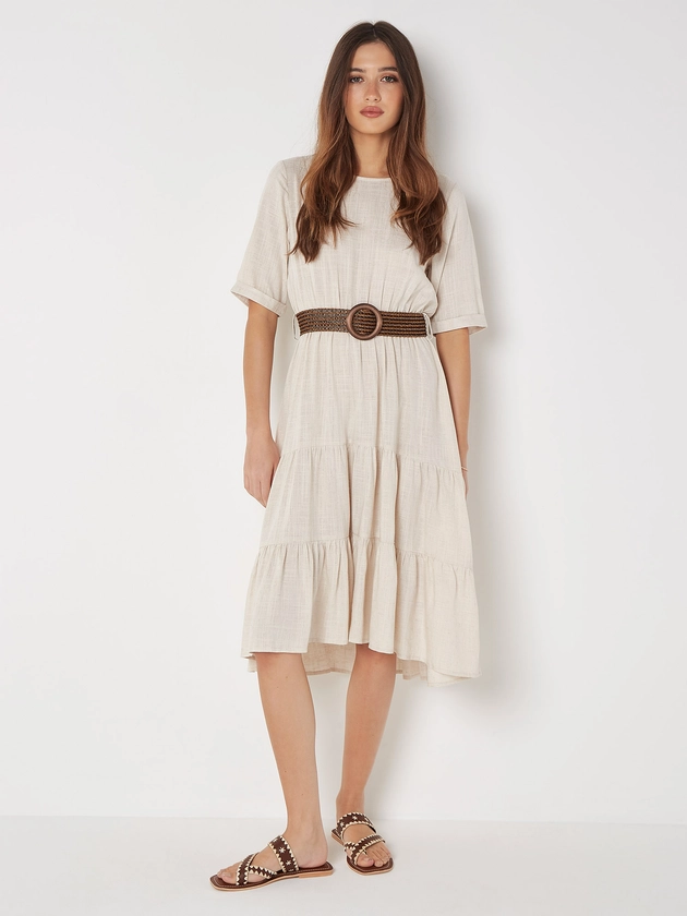 Linen Blend Tiered Midi Dress | Apricot Clothing