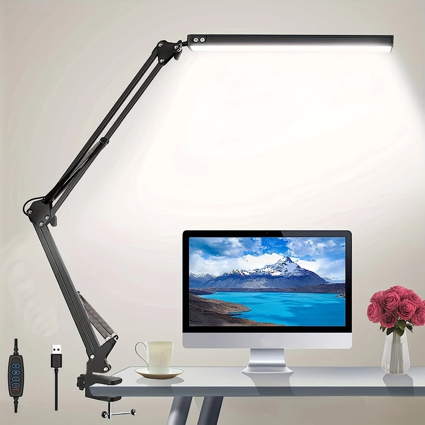 1pc LED Desk Lamp With 3 Lighting *, Eye-* Metal Swing Arm Desk Lamp With Clamp, 10 * Dimmable Clamp Desk Light With Memory *