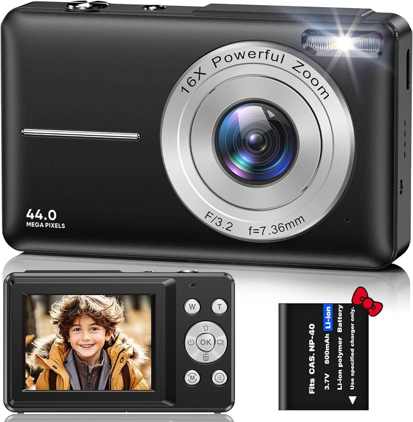 Digital Camera, FHD 1080P 44MP Digital Cameras Compact, 2.4"" LCD Rechargeable Digital Cameras, Vlogging Camera with 16X Digital Zoom for Kids, Adult, Teenagers, Girls, Boys（Black）