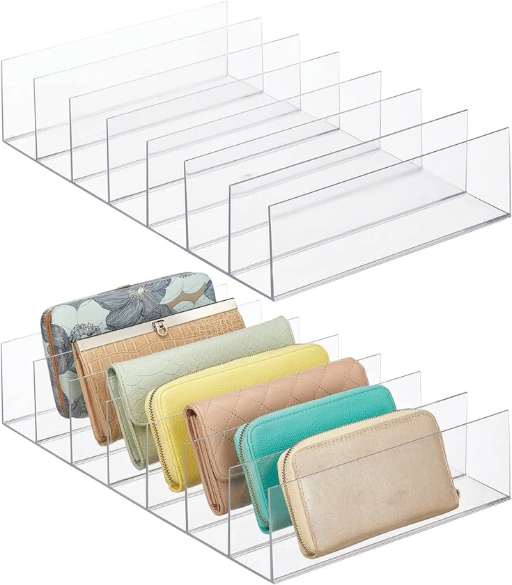 Amazon.com: mDesign Plastic Divided Clutch Organizer for Closets, Bedrooms, Dressers - Closet Shelf Storage Solution for Purses, Wallets, Bill Folds, and Accessories, 7 Sections, Lumiere Collection, 2 Pack, Clear : Home & Kitchen