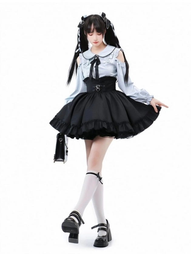 [$37.00]Heart Buckles High Waist Black Jirai Kei Skirt