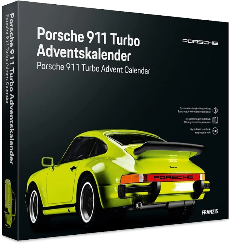 FRANZIS 55109 - Porsche 911 Turbo Calendrier de l'Avent vert clair, kit de modèle réduit en métal à l'échelle 1:43, module sonore et livre d'accompagnement de 52 pages inclus