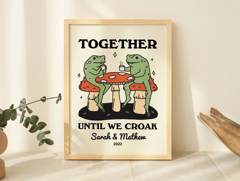 Personalized Couple Print, Custom Frog Illustration, Anniversary Engagement Valentines Gift Idea, Cute Wall decor, Retro Aesthetic, UNFRAMED