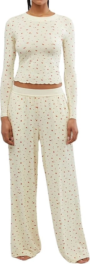 Women's 2 Piece Lounge Pajamas Sets Floral Long Sleeve Crop Top Wide Leg Palazzo Pants Loungewear Sleep Wear Set