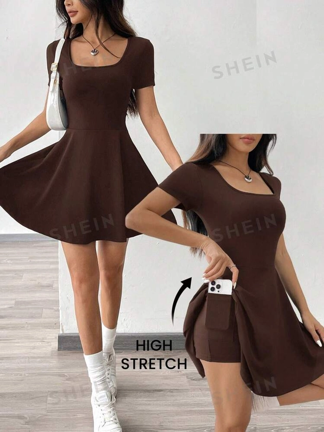 SHEIN EZwear Brown Knitted Short Casual Dress, Comfortable For Home And Fitness, Women