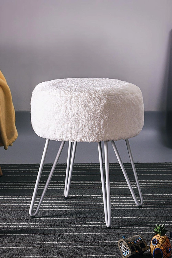 Sofas & Chairs | Soft Fluffy White Low Chair Dressing Footstool with Metal Leg | Living and Home
