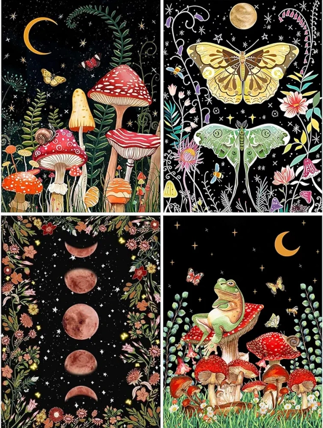 Paint by Numbers for Adults and Kids Beginner, 4 Pack Painting by Number Kits On Canvas, Without Frame DIY Moon Mushroom Oil Painting Acrylic Paints, Home Wall Decor Gift 12x16inch