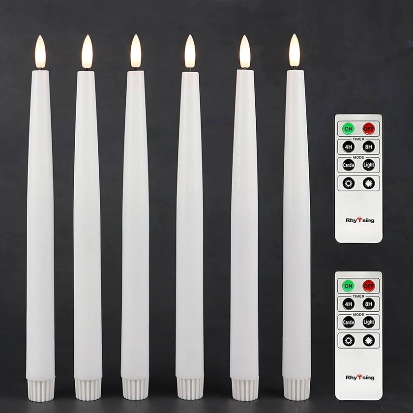 Rhytsing 29cm Flameless Taper Candles with Timer, Battery Operated Dinner Table Long Candlestick Rustic Wax, Warm White LED, 2 Remotes Included - Set of 6 (White)