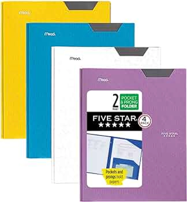 Five Star 2 Pocket Folders, 4 Pack, Plastic Folders with Stay-Put Tabs and Prong Fasteners, Holds 8-1/2” x 11" Paper, Writable Label, Tidewater Blue, White, Amethyst Purple, Harvest Yellow (38064)