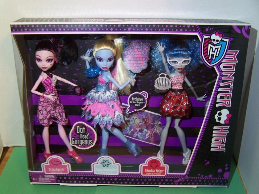 MONSTER HIGH 3 PACK DOT DEAD GORGEOUS DOLLS DRACULAURA ABBEY GHOULIA DOLLS-NRFB