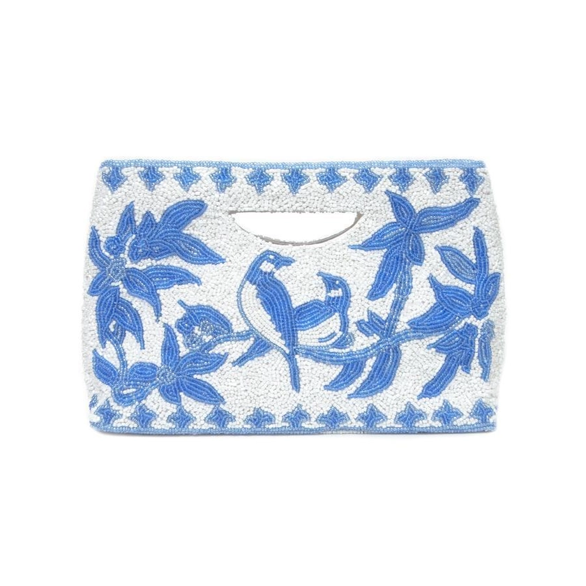 Blue & White Beaded Bird Motif Handbag With Gusset