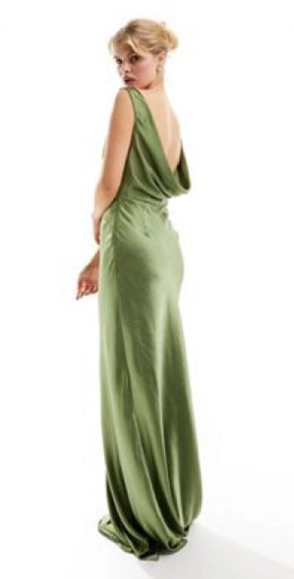 Six Stories Bridesmaids cowl back satin maxi dress in moss green