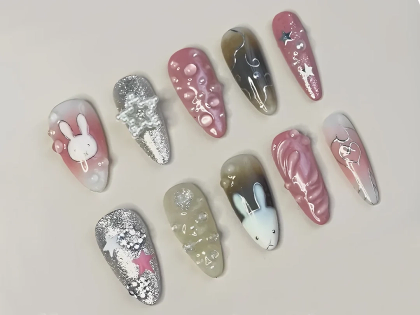 Cute Bunny Nail Art | Adorable Press On Nails | Pink Nails | Star Charm | The Perfect Choice for Any Occasion | JC06S