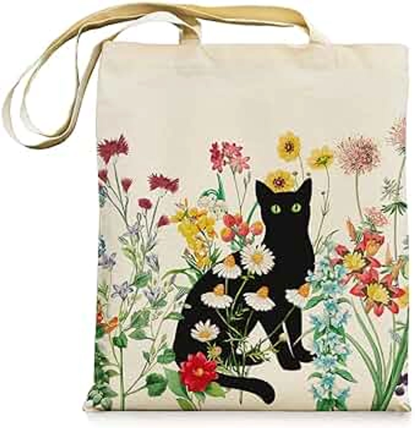 bmuvghi Black Cat Canvas Tote Bag with Zipper Pockets Vintage Flowers Cute Tote Bag Aesthetic Reusable Shopping Grocery Bags Birthday Gifts for Women