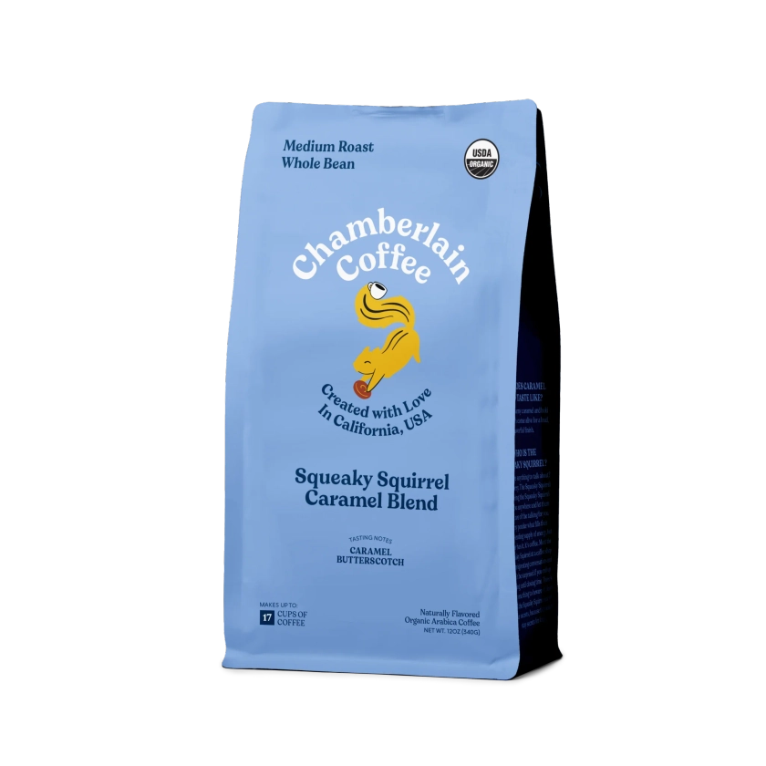 squeaky squirrel caramel medium roast coffee bag