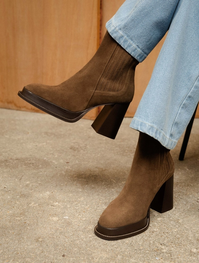 Deva Khaki Brown - Platform ankle boots with high heel in khaki brown leather