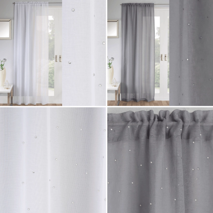 Grey Jewel Diamante Embellishment Voile Curtain Panels Slot Top Single Panel