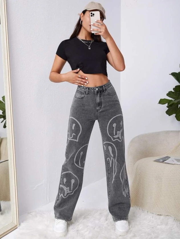 SHEIN Jean taille haute dessin animé ample