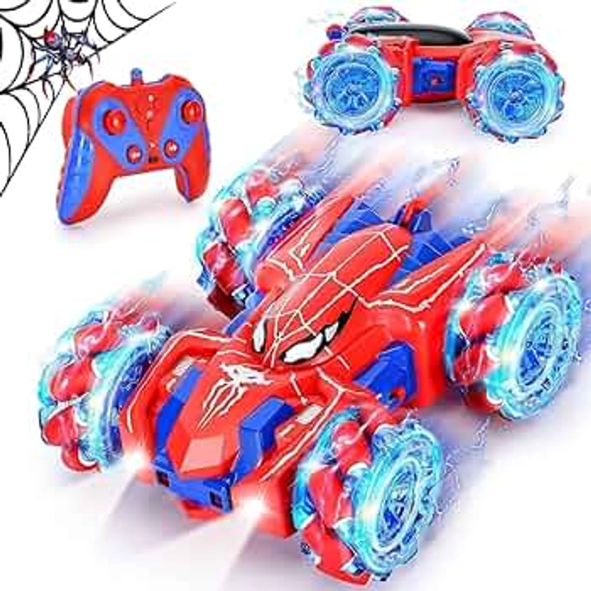 Spider Remote Control Car for Boys,2.4Ghz 360 Flips Double Sided Monster Truck with Cool Headlights,Type-C Charging 4WD Off Car Toys Age 3 4 5 6 7 8, Gifts for 3-8 Year Old Boys Outdoor Garden Toy