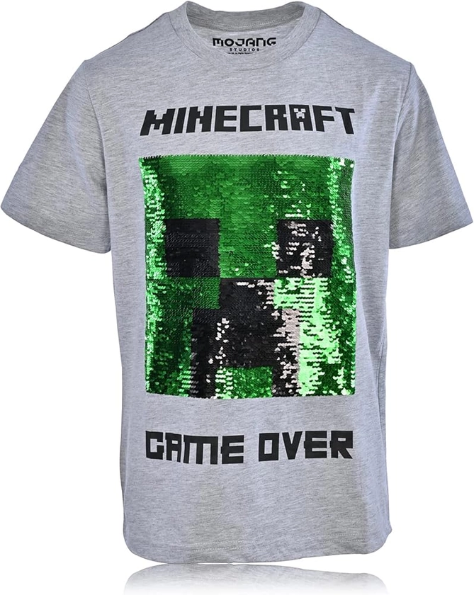 Minecraft Boys Video Game T-Shirt - Black and Green Creeper Face - Official Shirt, Heather Grey Sequins, M : Amazon.co.uk: Fashion