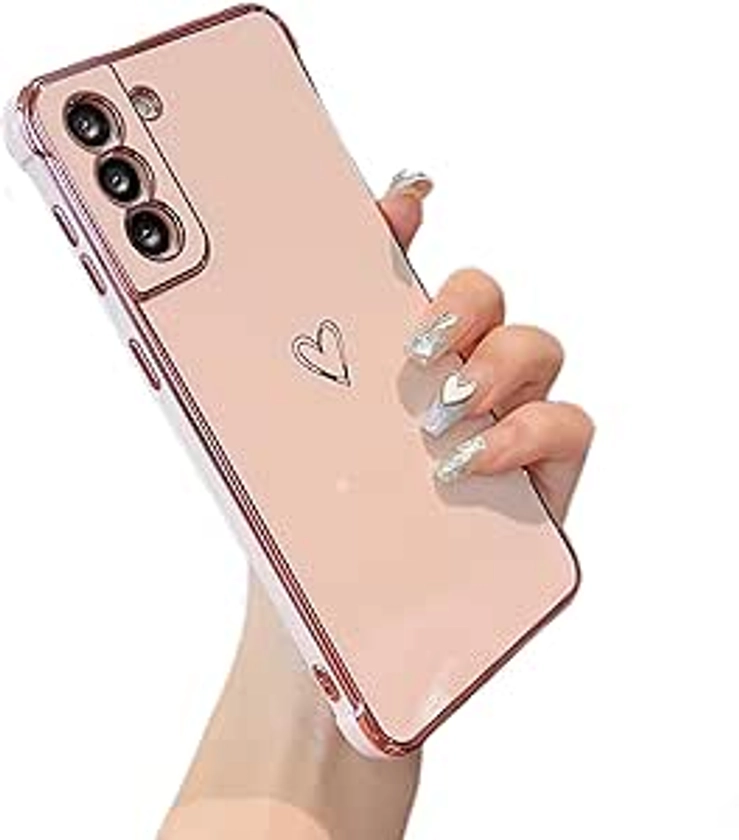 ZTOFERA Designed for Samsung Galaxy S21 Plus 5G Case,Cute Plating Edge Love Hearts Pattern with Camera Lens Protection Phone Cover for Girls Women,Pink