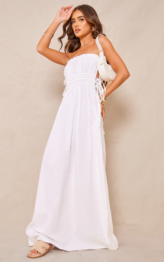 White Linen Look Elasticated Tie Bow Maxi Dress