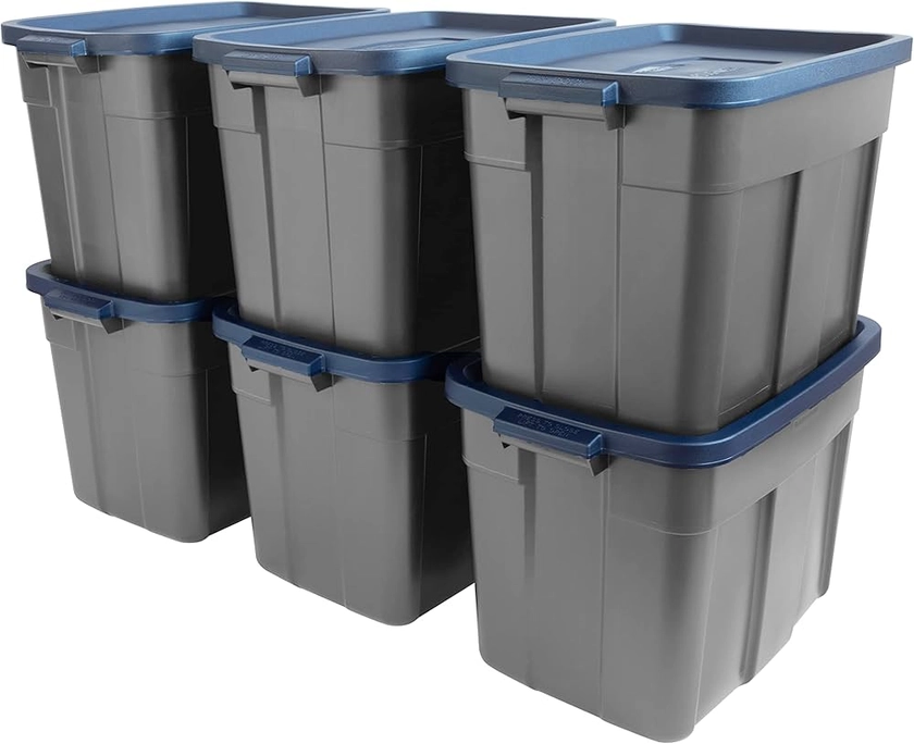 Rubbermaid Roughneck️ 18 Gallon Storage Totes, Pack of 6, Durable Stackable Storage Containers with Lids, Nestable Plastic Storage Bins for Tools, Toy Storage, Grey and Dark Indigo Metallic