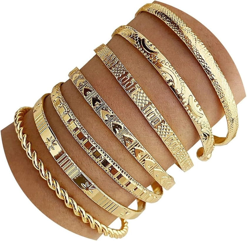 IFKM Gold Bangle Bracelets For Women, 14k Gold Plated Multi Layer Stackable Cuff Bracelet Set, Trendy Elegance Charms Non Tarnish Minimalist Textured Boho Jewelry Gift for Women