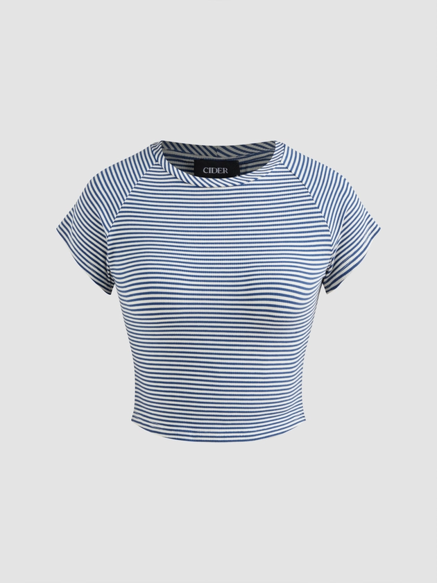 Knit Fabric Round Neckline Striped Short Sleeve Tee For School Daily Casual