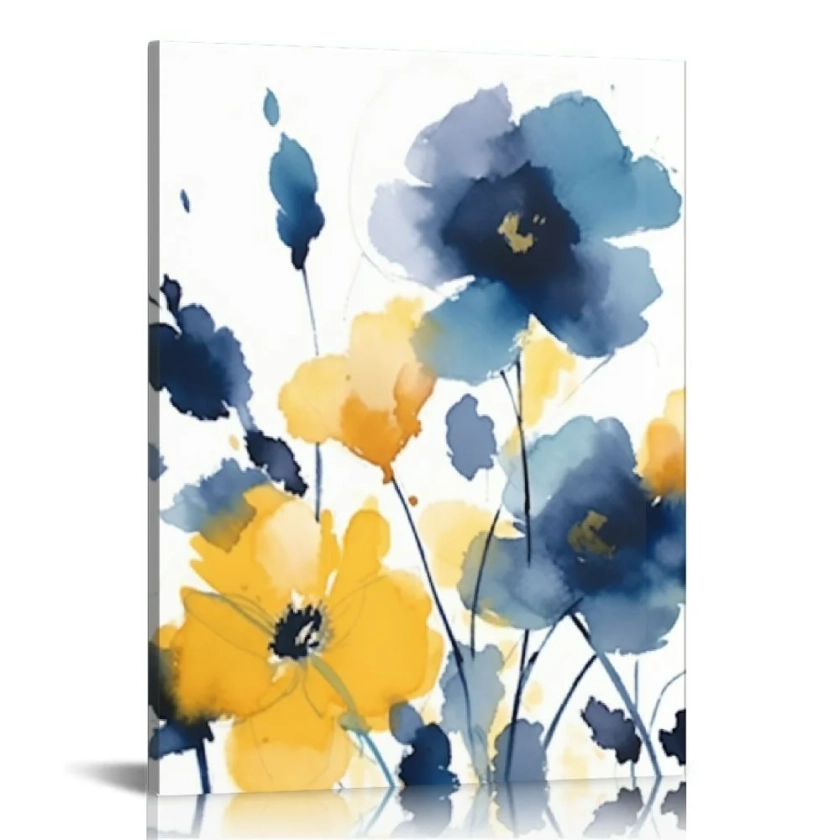 COMIO Abstract Flower Canvas Wall Art Blue and Yellow Floral Picture Bathroom Decor Watercolor Blooming Plant Painting Still Life Artwork Home Bathroom Living Room Decoration