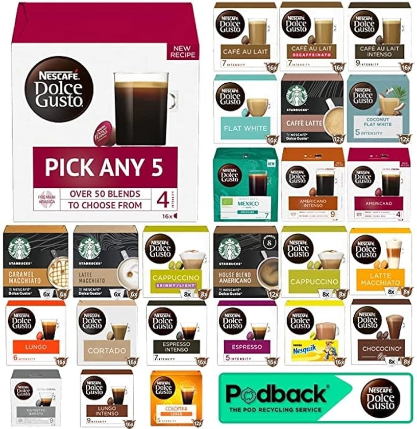 Nescafe Dolce Gusto Coffee, Tea, Chocolate Pods. Pick Any 5 Packs from 40+ Blends Inc: Decaf, Caramel, Cappuccino, Latte, Mocha, Espresso, Skinny, Nesquik, Cafe Au Lait, Vanilla : Amazon.co.uk: Grocery
