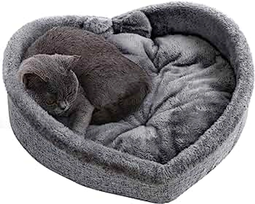 Heart Cat Pet Bed for Cats or Small Dogs, Ultra Soft Short Plush, Anti-Slip Bottom, Washable High Resilience PP Cotton, Comfortable Self Warming Autumn Winter Indoor Sleeping Cozy Kitty Teddy